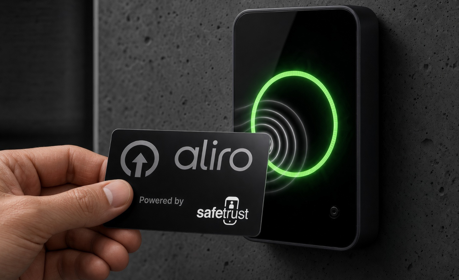Safetrust Aliro migration credential being used with a mobile device for secure access.