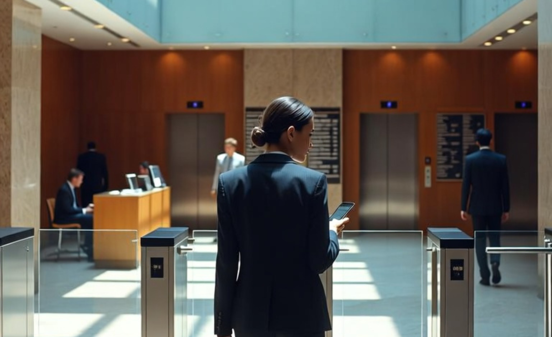Businesswoman using her smartphone at an office building lobby with elevators and reception desk.