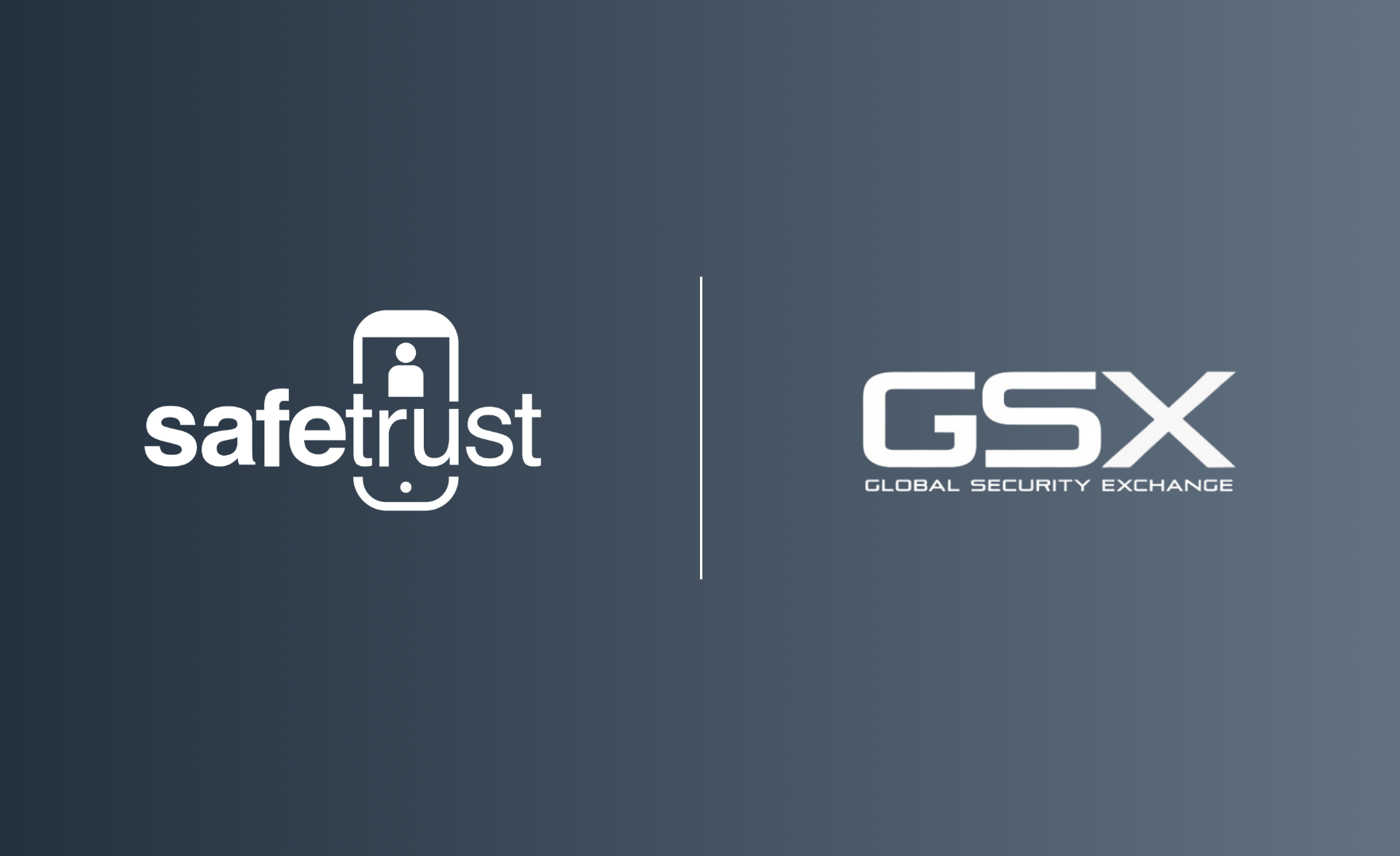 Safetrust and GSX logos displayed on a dark background, highlighting digital security and event branding.